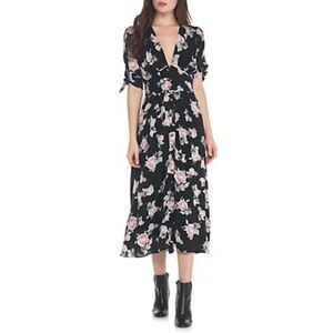 Free People Black Floral v neck button down short sleeve Midi swing Dress xs